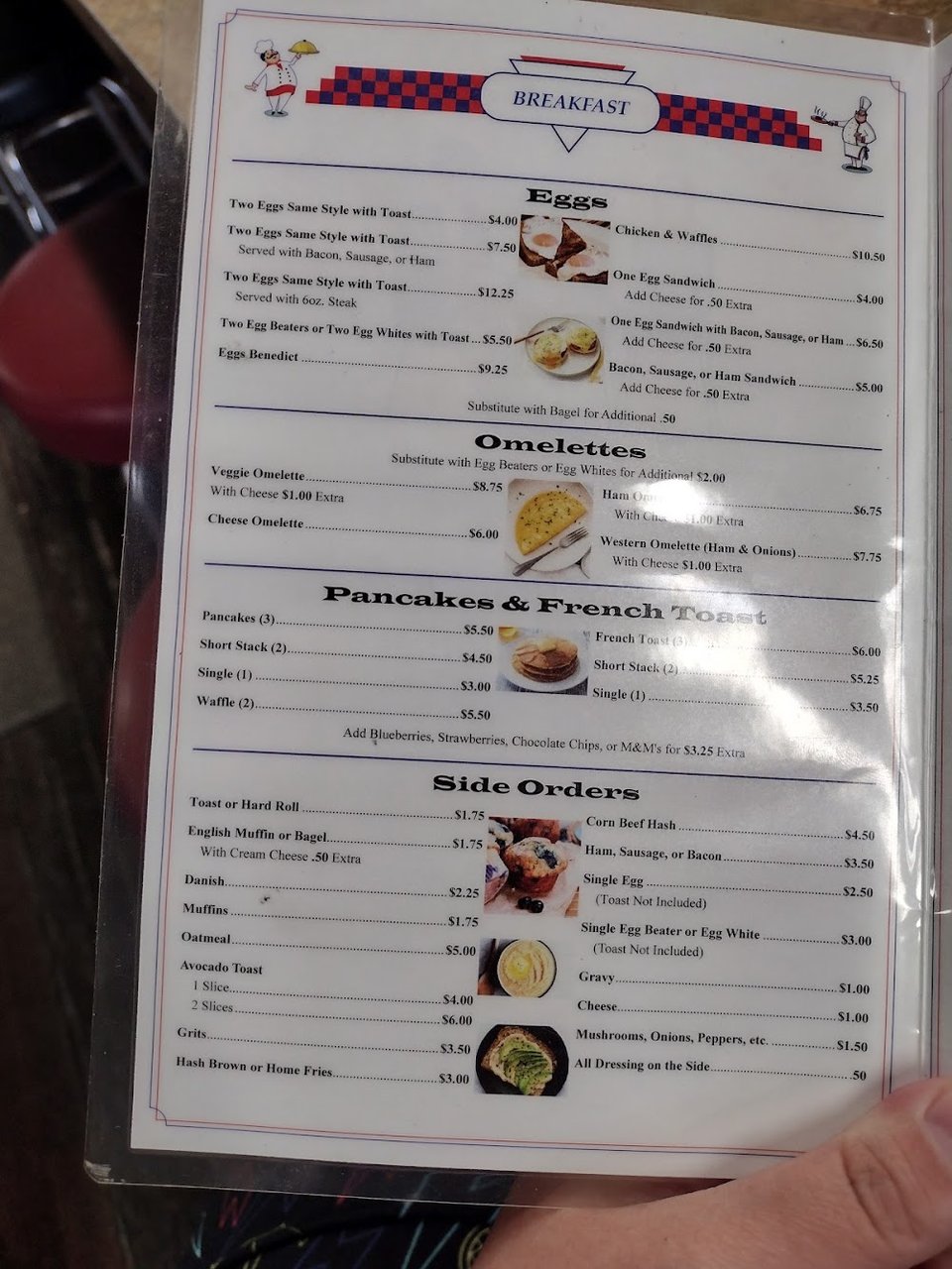 Menu page listing hot sandwiches and burgers.