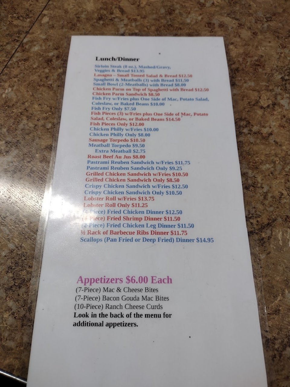 Close-up of breakfast and lunch diner selections.